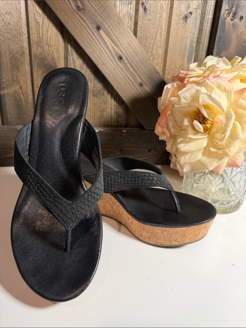 UGG Black Cork Wedge Thong Sandals